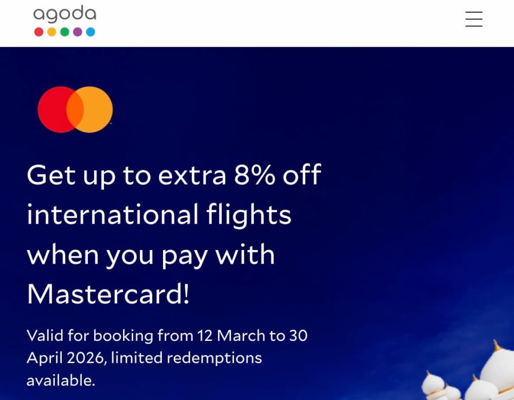 アゴダのマスターカード決済で海外航空券が最大8%オフ割引プロモ